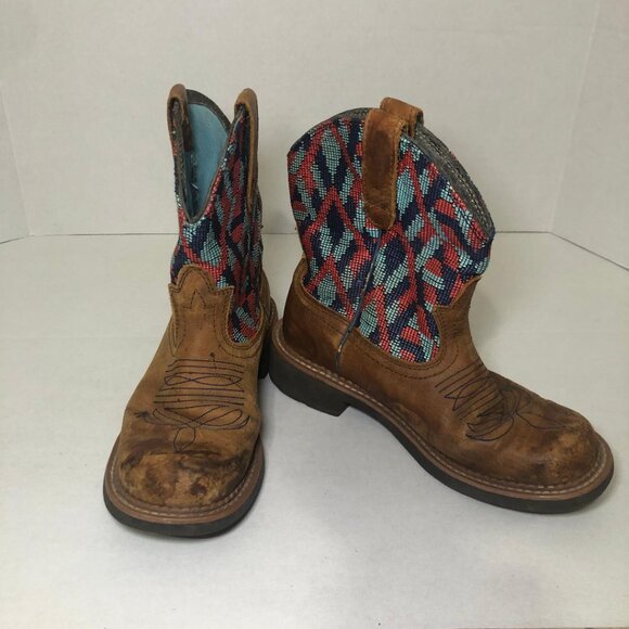Ariat Fatbaby Women's Size 7.5 B Brown Leather Aztec Print Cowboy Western Boots - Picture 1 of 11